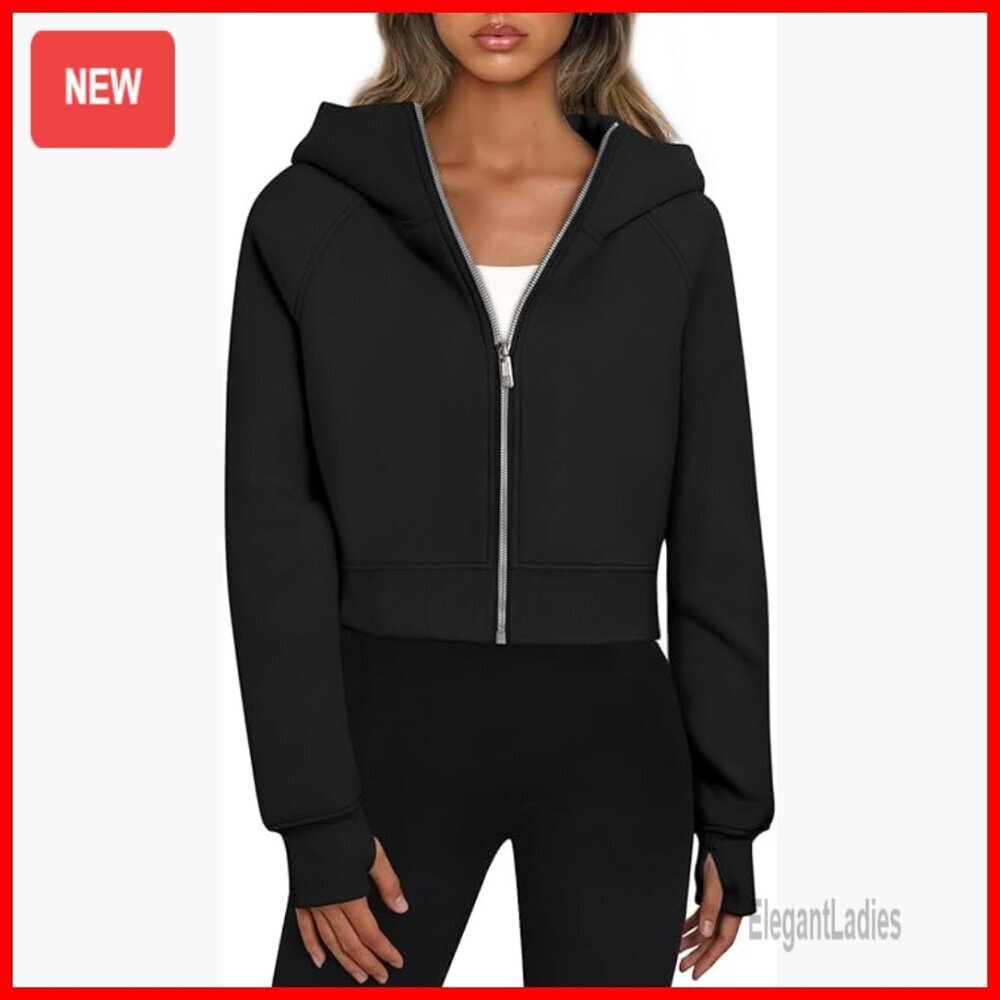 Cropped Zip Up Hoodie Fleece Sweatshirt Women's Casual Winter Top